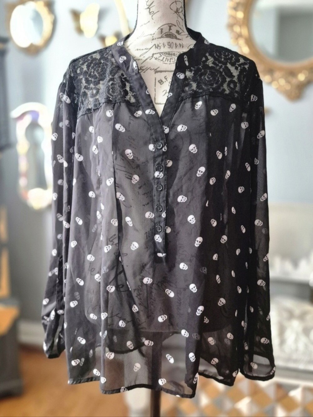 Punk Rock Black Sheer Skull-Print Blouse with Lace XL